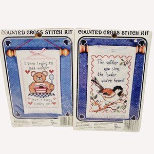 2 Vtg Mini Counted Cross Stitch Kits Teddy Bear Nesting Bird blue pink brown
